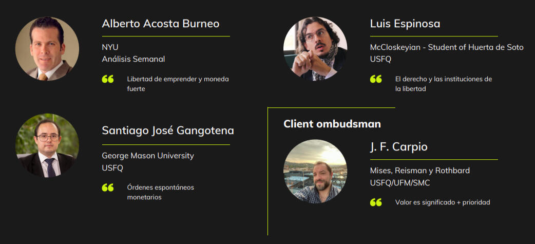 Consejo Consultivo de La Escuela del Dinero: Alberto Acosta Burneo, Luis Espinosa, Santiago José Gangotena y J. F. Carpio